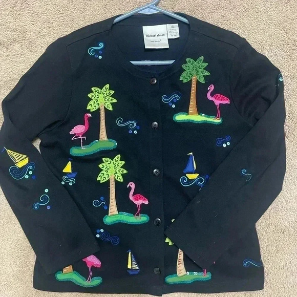 Y2K Michael Simon Cardigan Sweater Large Black Embroidered Flamingo Palm Tree S - Picture 2 of 8
